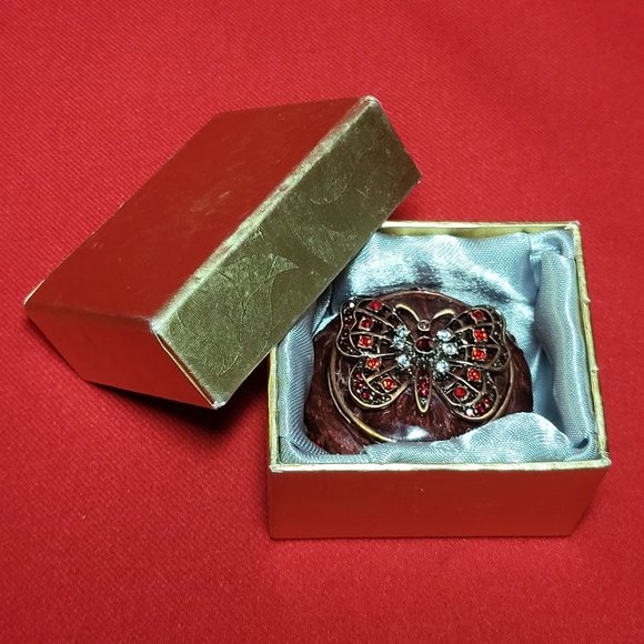 Vintage Trinket Box Burgundy Bejeweled Rhinestones Butterfly Design - Picture 2 of 12
